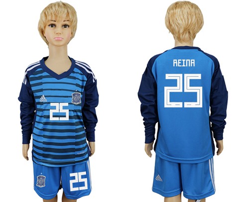 Spain #25 Reina Blue Long Sleeves Goalkeeper Kid Soccer Country Jersey